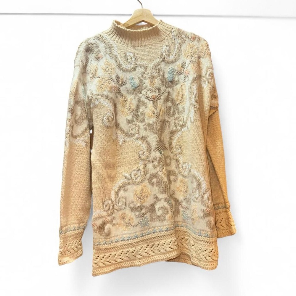 Marisa Christina Beige and Cream Patterned Turtleneck Sweater